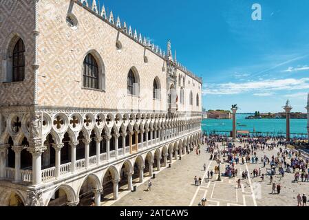 Venice, Italy - May 21, 2017: The famous Doge`s Palace in the Piazza San Marco, or St Mark`s Square. This is the main square of Venice. Stock Photo